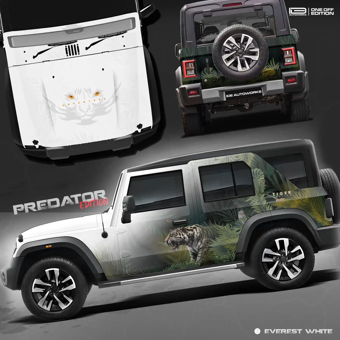 A Mahindra Thar Predator edition featuring a tiger on the roof, designed with striking graphics by IDE Autoworks