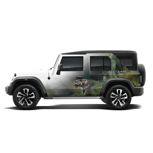 A Mahindra Thar Predator edition featuring a tiger on the roof, designed with striking graphics by IDE Autoworks