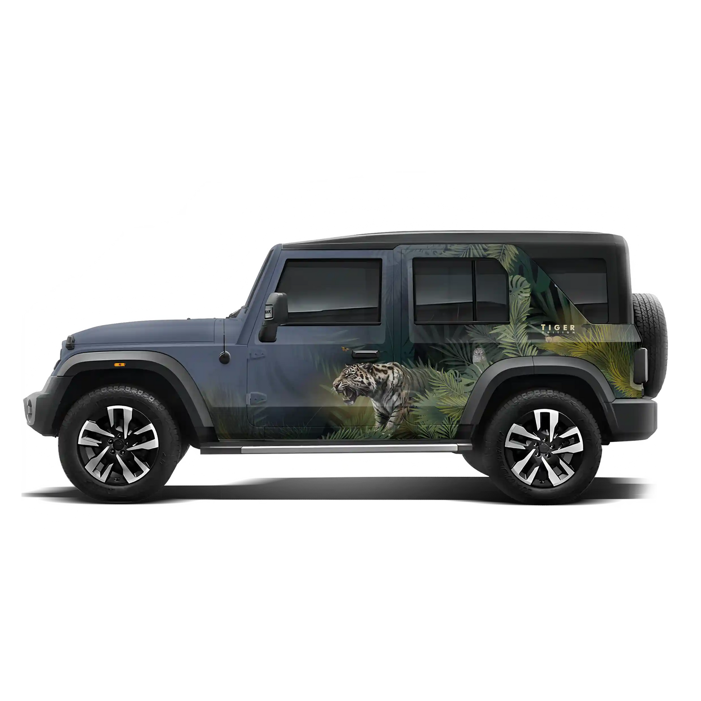 A Mahindra Thar Predator edition featuring a tiger on the roof, designed with striking graphics by IDE Autoworks