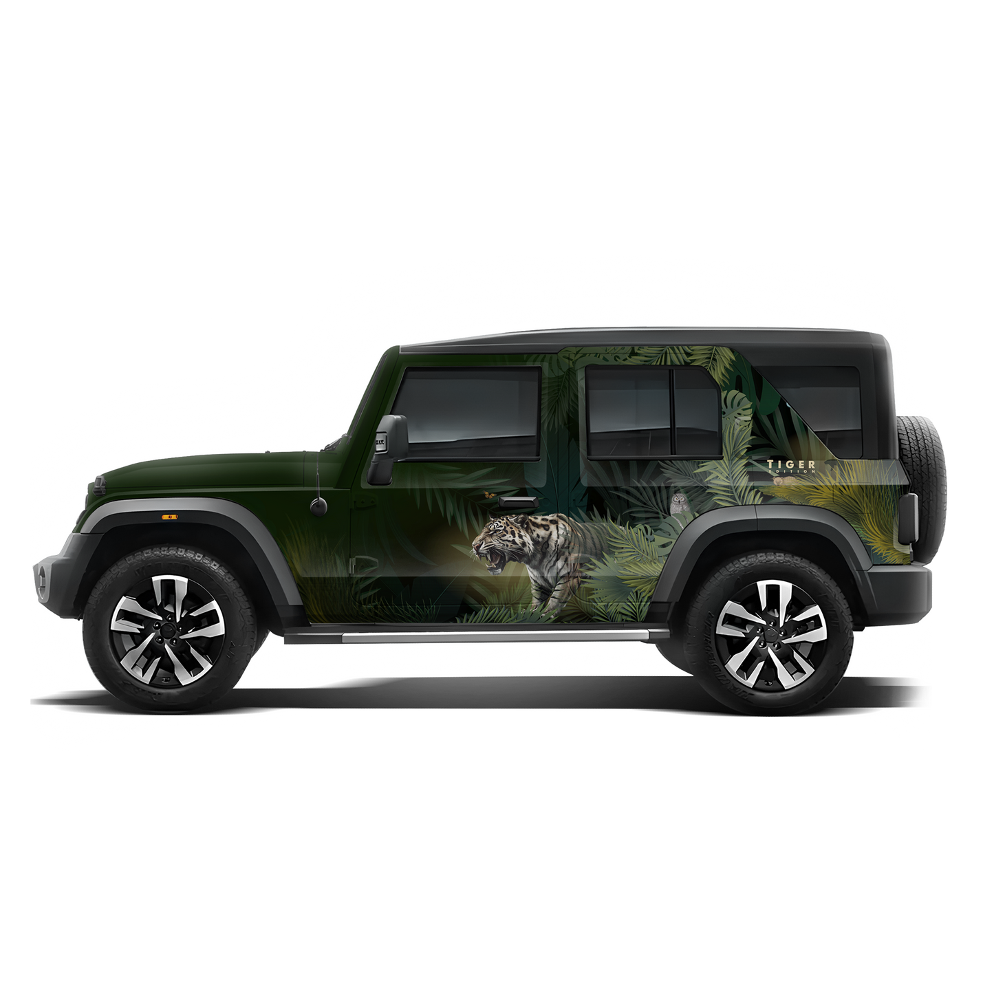 A Mahindra Thar Predator edition featuring a tiger on the roof, designed with striking graphics by IDE Autoworks