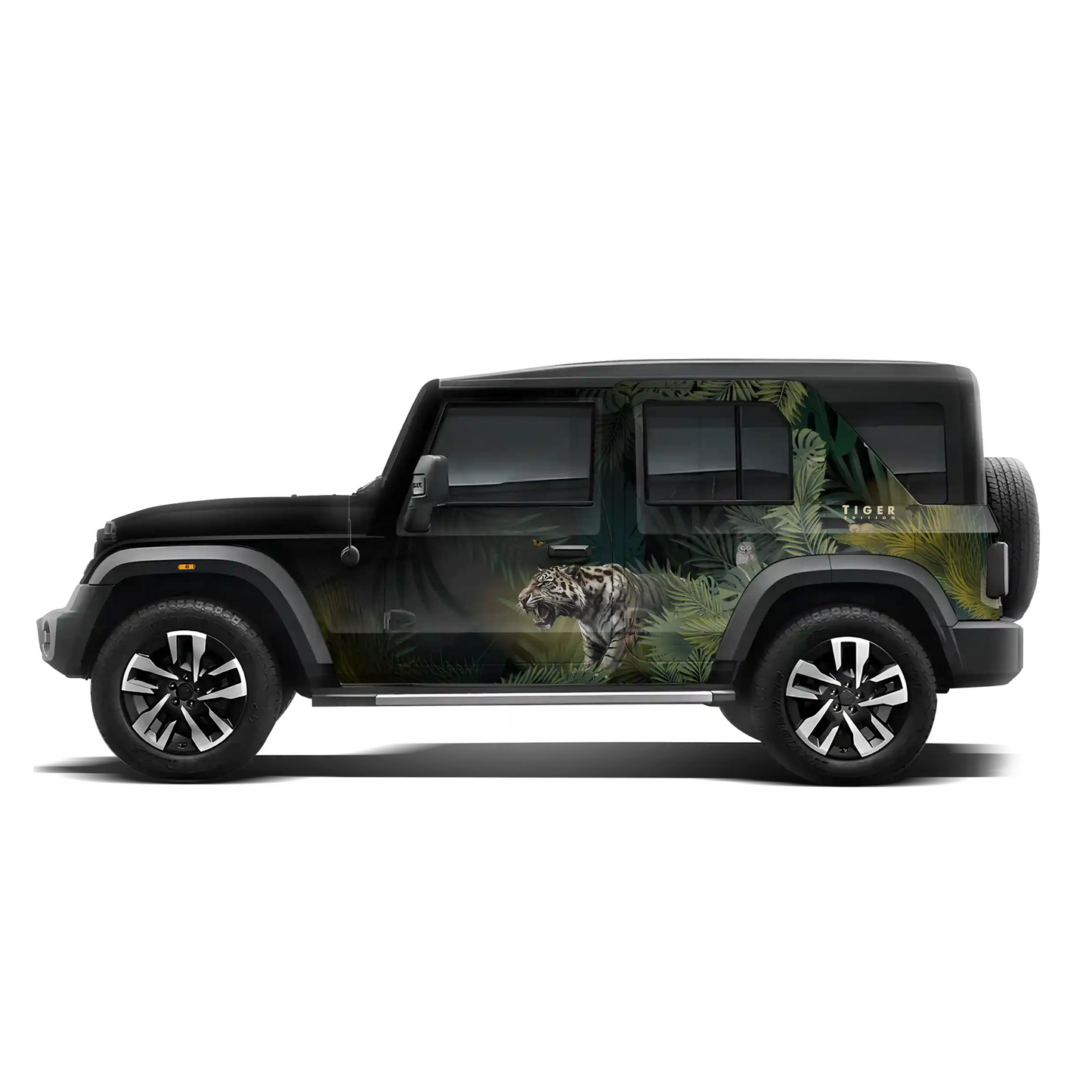 A Mahindra Thar Predator edition featuring a tiger on the roof, designed with striking graphics by IDE Autoworks