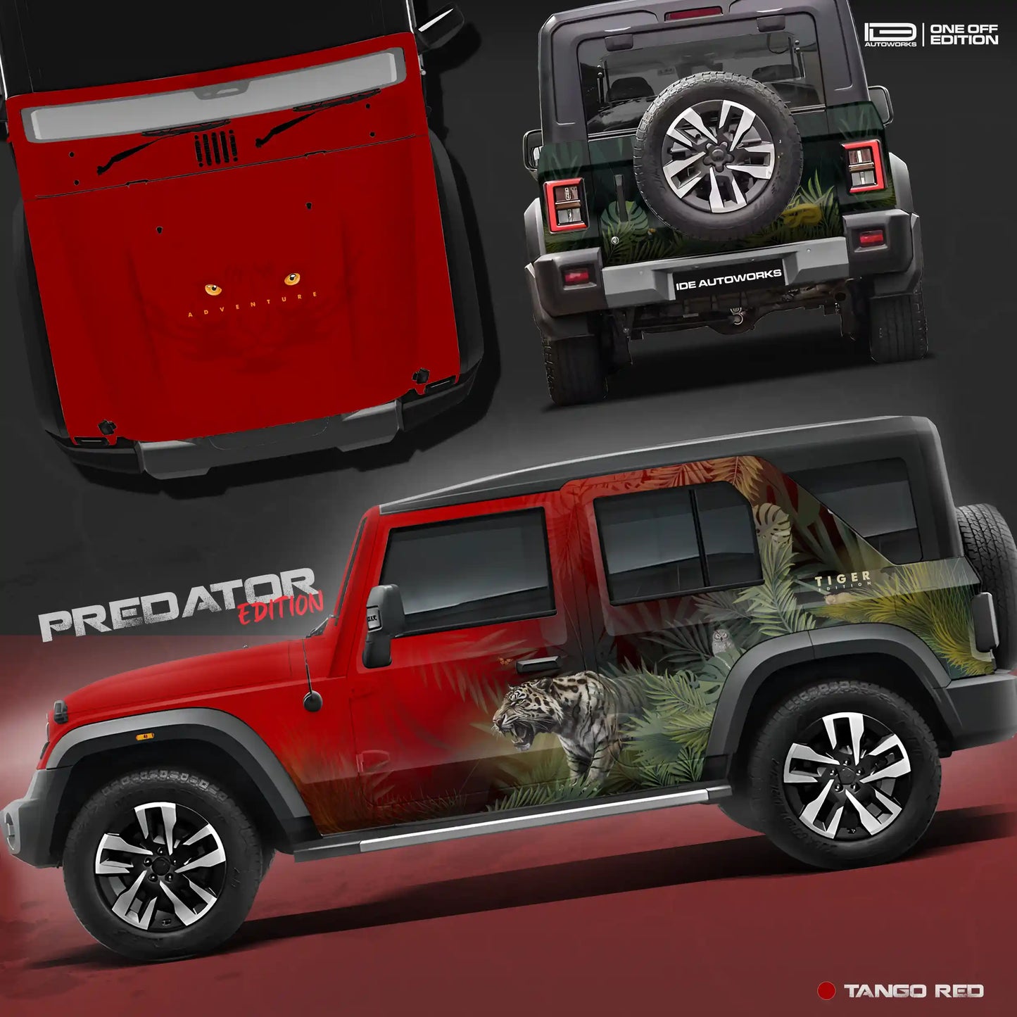 A Mahindra Thar Predator edition featuring a tiger on the roof, designed with striking graphics by IDE Autoworks