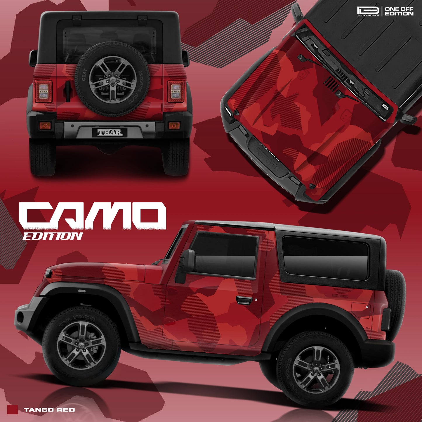 Camo Edition car graphics for Mahindra Thar Tango Red