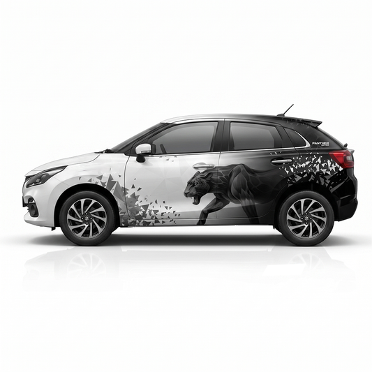 IDE One Off edition Panther Edition car Graphics for Maruti Suzuki Baleno white