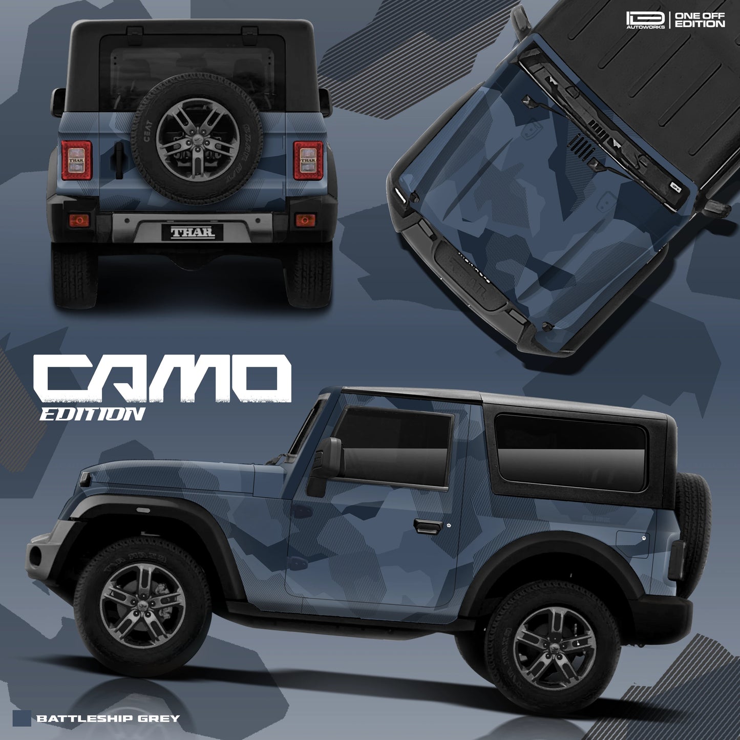 Camo Edition car graphics for Mahindra Thar Battleship grey
