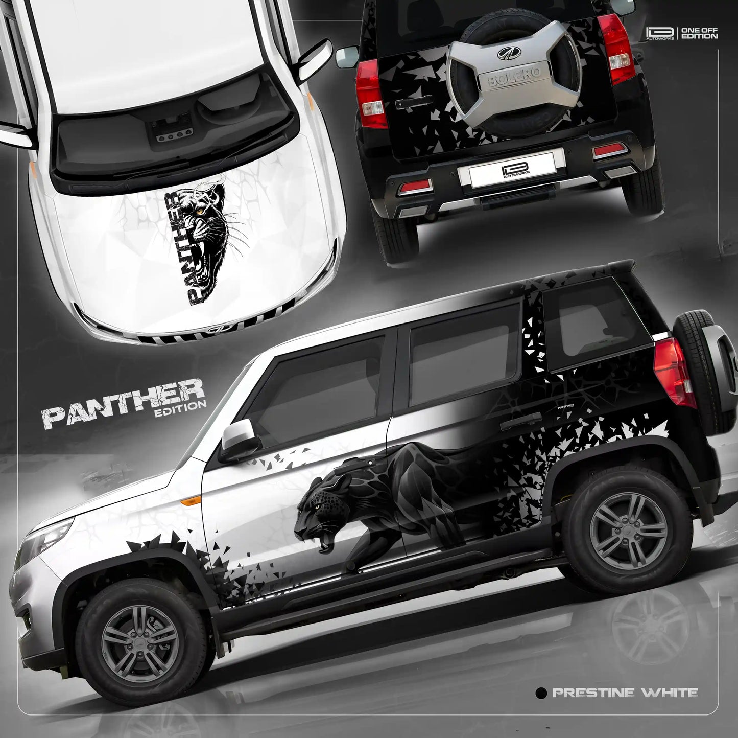 IDE one off edition car graphics for the mahindra bolero Neo white 