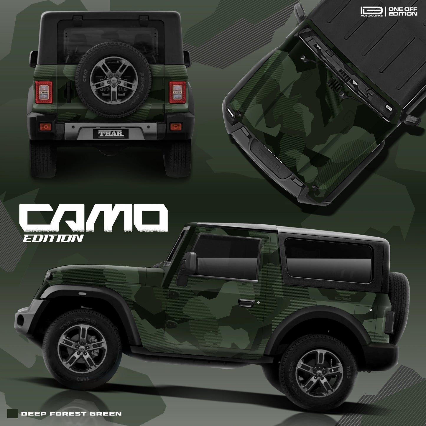 Camo Edition car graphics for Mahindra Thar Deep forest green