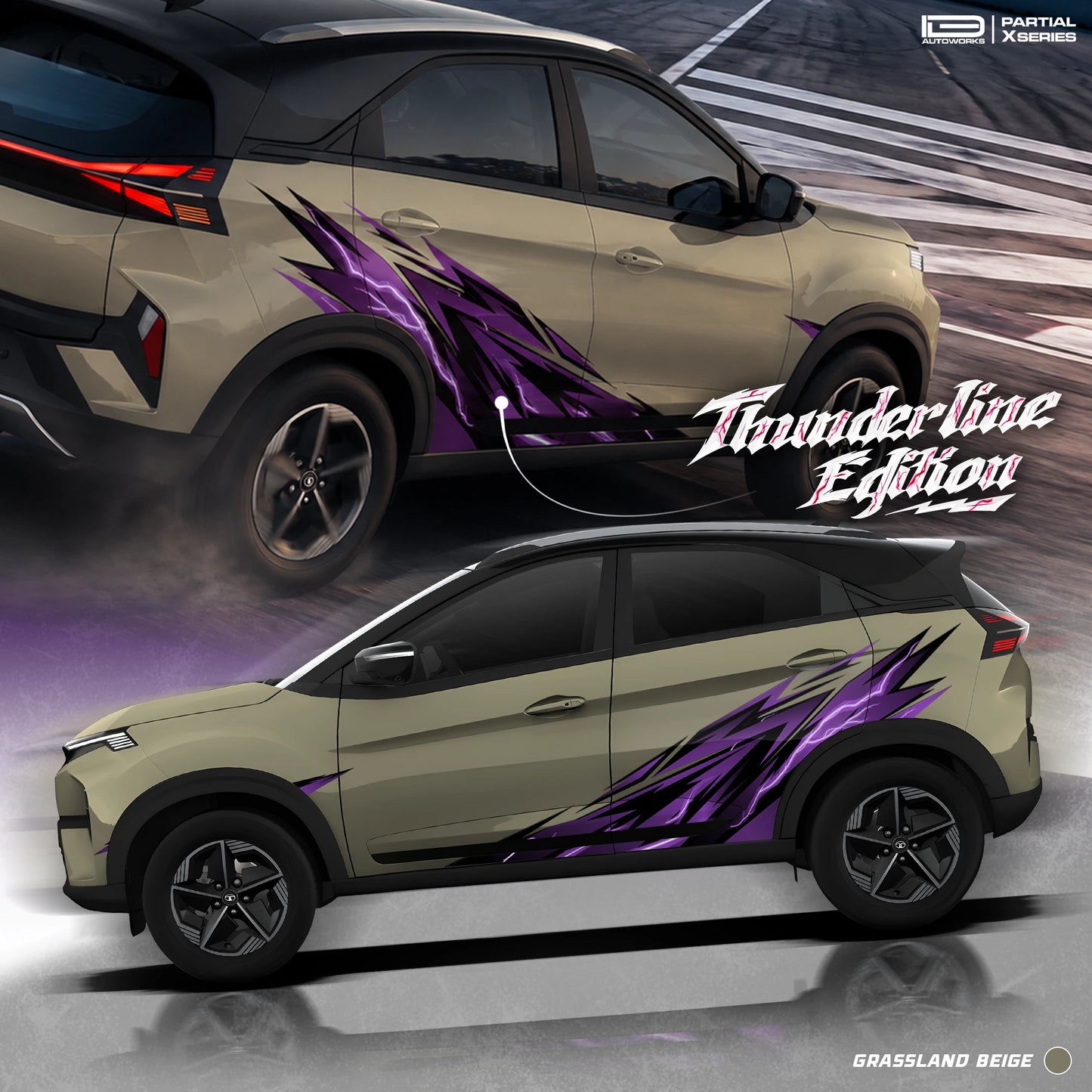 Thunderline Edition partial vinyl wrap for Tata Nexon Grassland beige poster