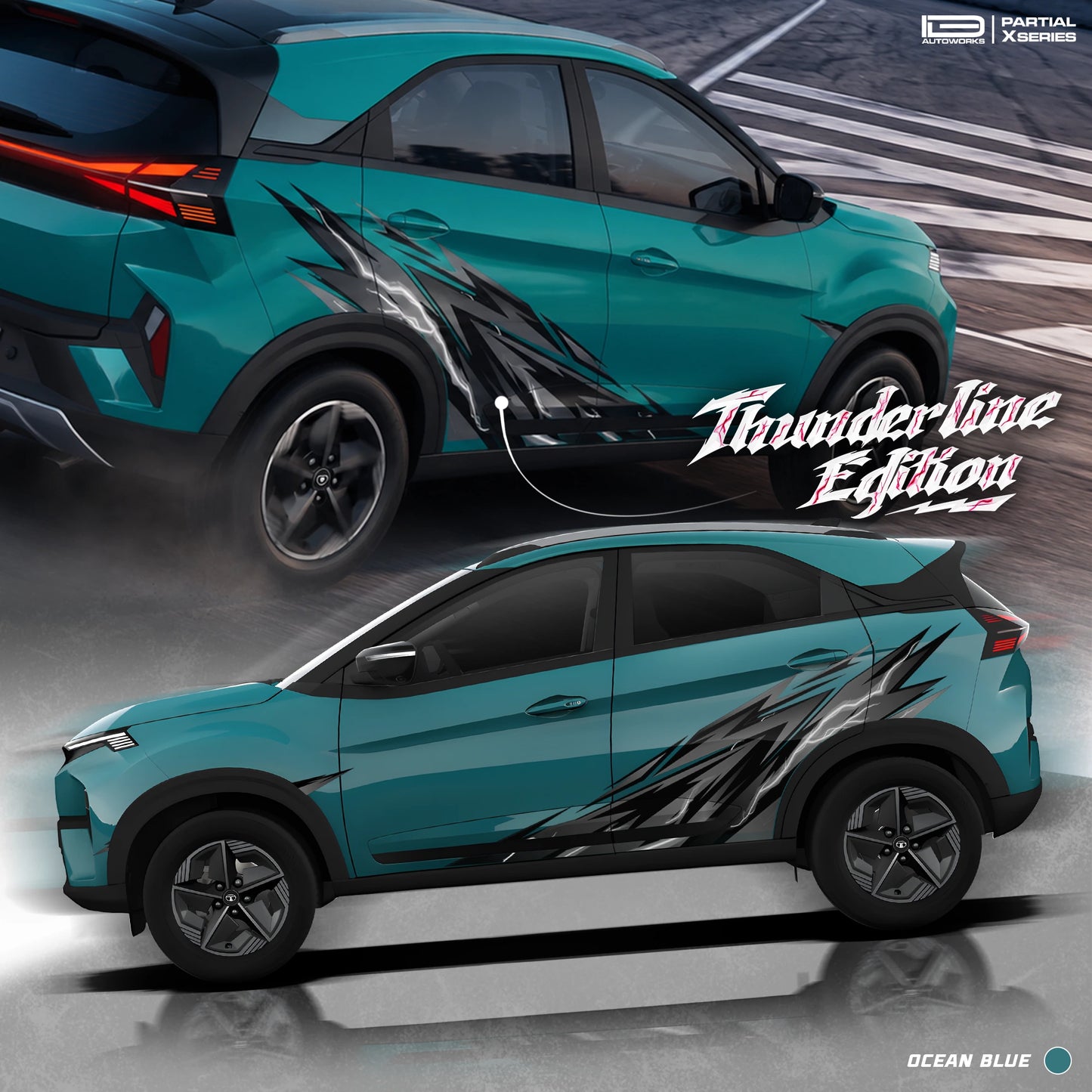 Thunderline Edition partial vinyl wrap for Tata Nexon Ocean blue poster