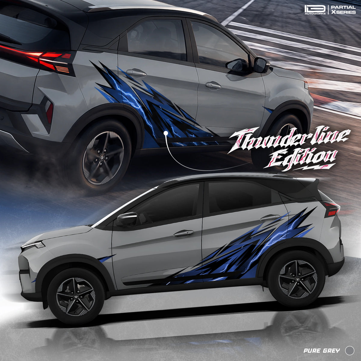 Thunderline Edition partial vinyl wrap for Tata Nexon Pure grey poster
