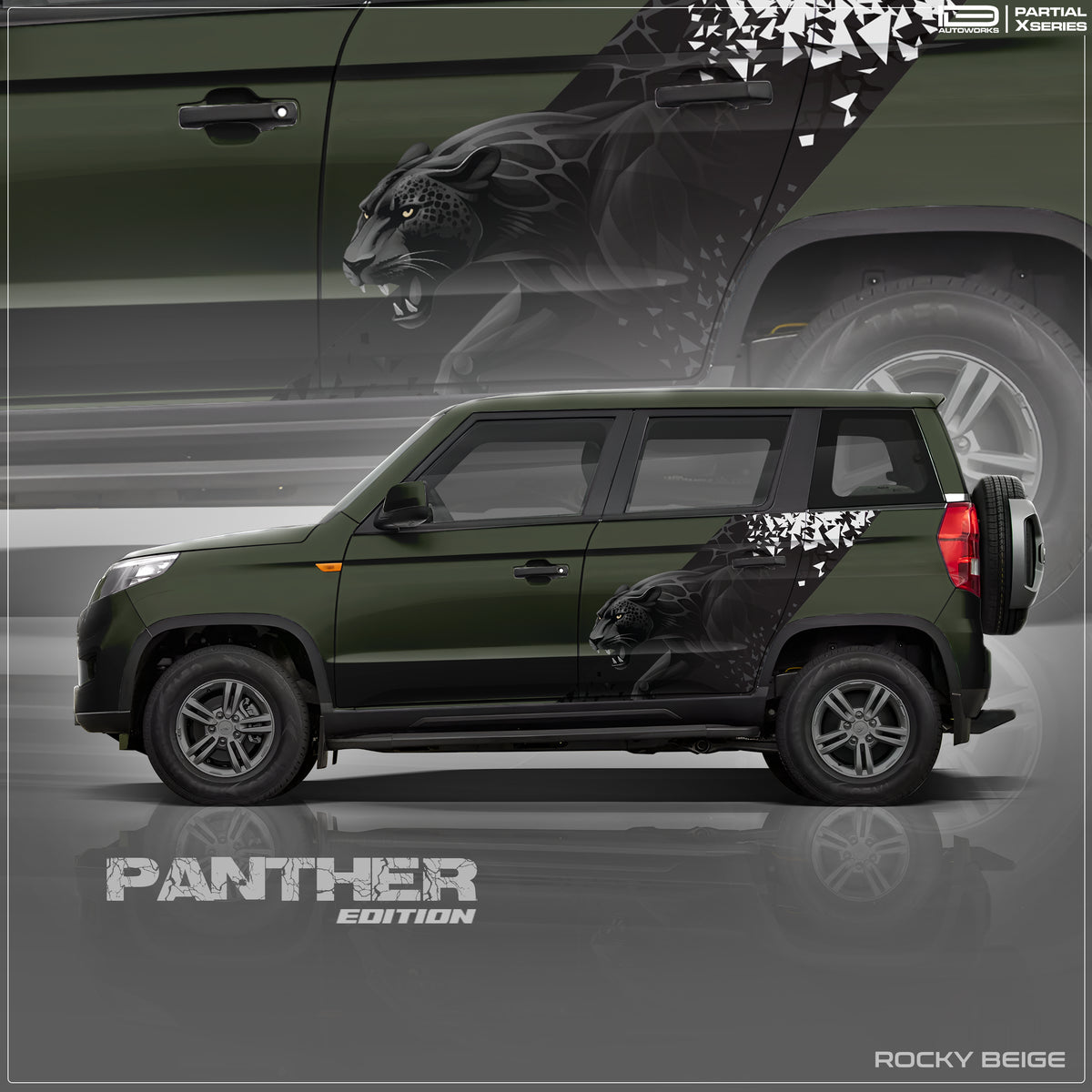 Panther Edition partial vinyl wrap for Mahindra Bolero Neo rocky beige poster