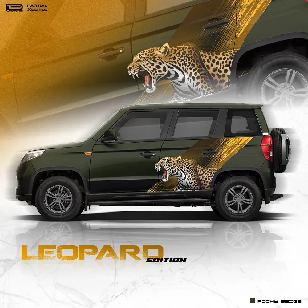Leopard Edition partial vinyl wrap for Mahindra Bolero Neo rocky beige