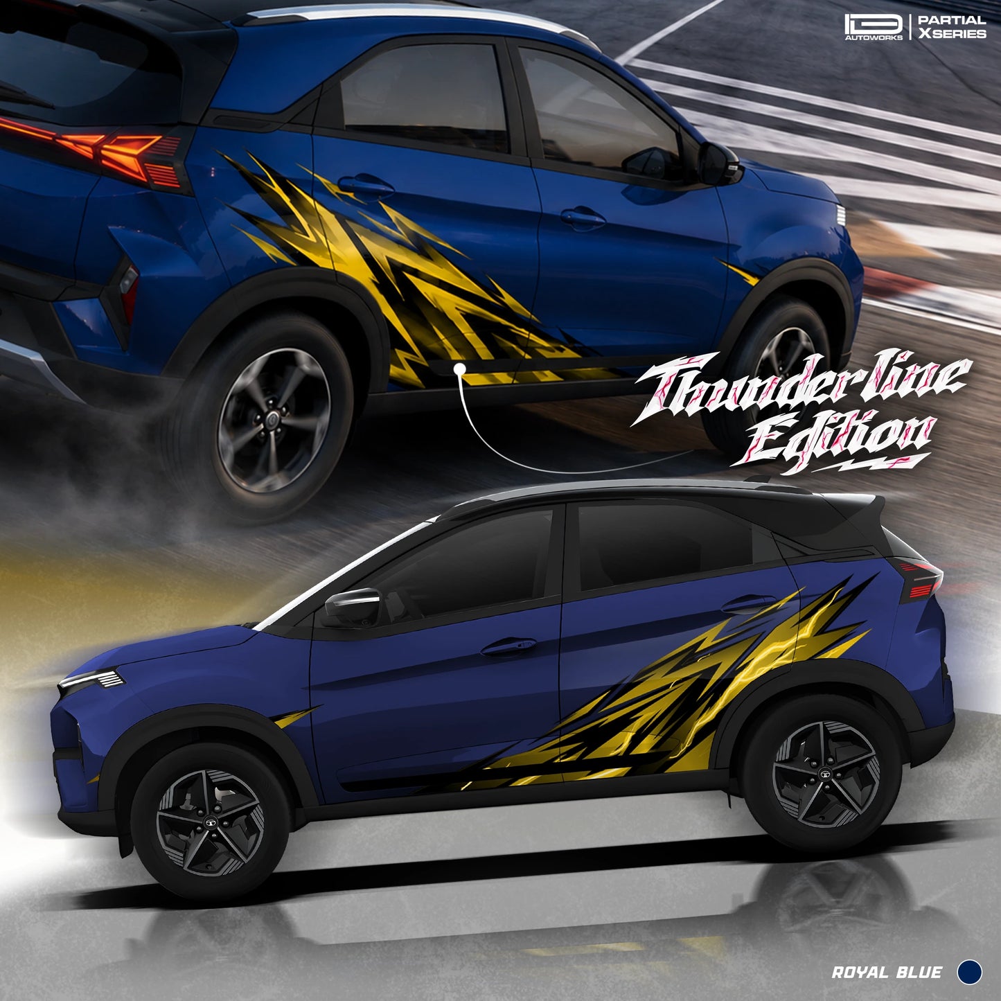 Thunderline Edition partial vinyl wrap for Tata Nexon Royal Blue poster