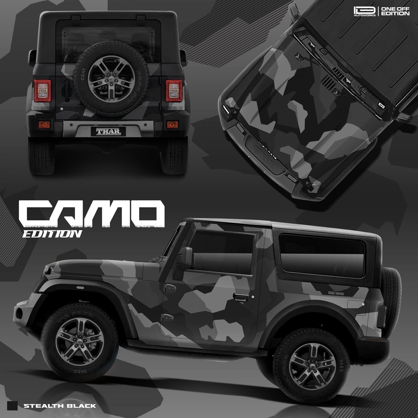 Camo Edition car graphics for Mahindra Thar Stealth black 