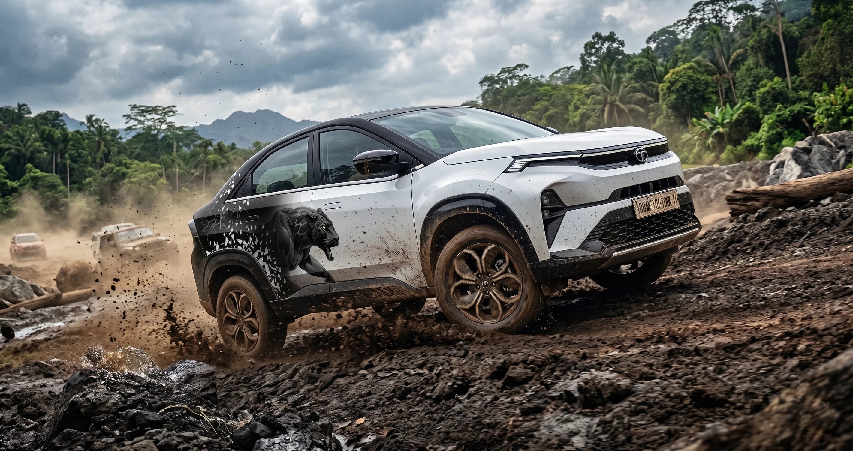 White Tata Curvv with panther edition car graphics off-roading 